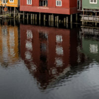 Fargerike trebygninger langs Nidelva i Trondheim på en overskyet dag, med speilblankt vann som gir en vakker refleksjon., fotokunst veggbilde / plakat av Eirik Sørstrømmen